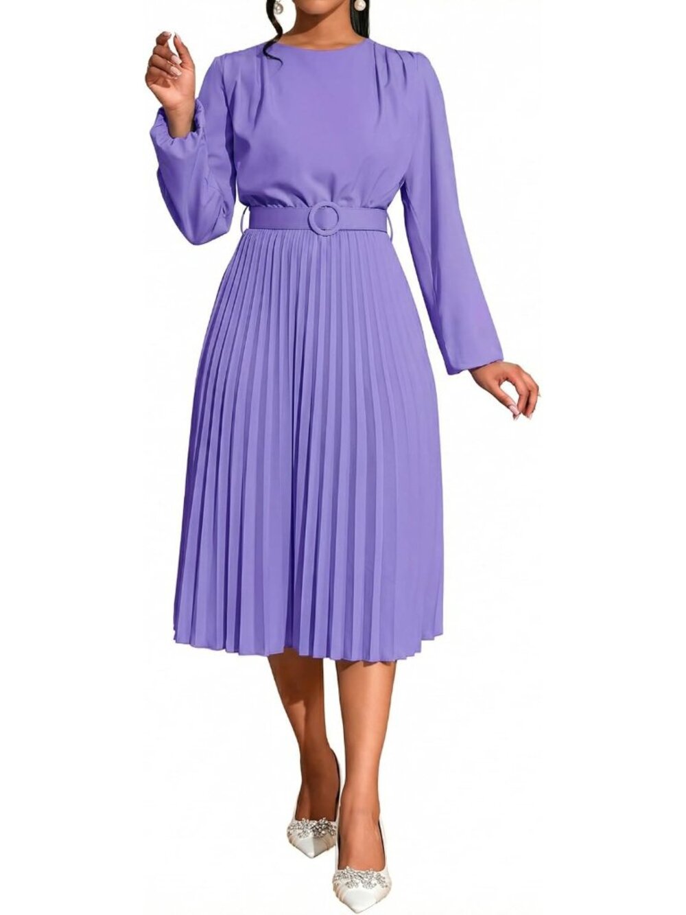 🆕Women's Purple Pleated Midi Dress Long Sleeve Semi Formal Dress Casual - Picture 4 of 6